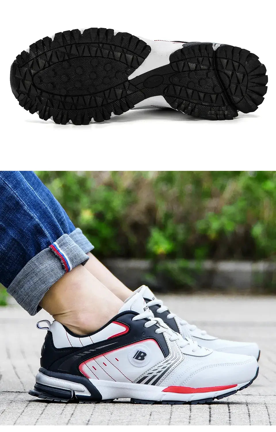 BONA Men’s running shoes by Simples Market; white, black and red lace-up sneakers for walking and jogging.
