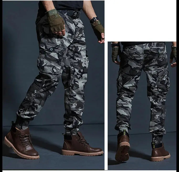 Men's camouflage cargo jogger pants with multiple pockets; gray-black camo, tapered cuffs, tactical work wear