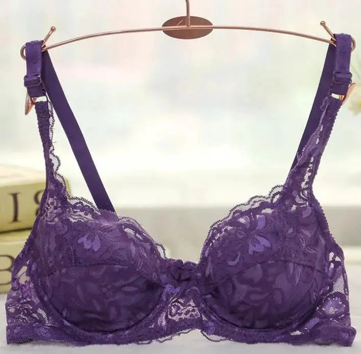 Purple lace underwire push-up bra with adjustable straps on hanger