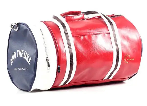 Sport gym bag in red leather-look with white stripes and navy end panel