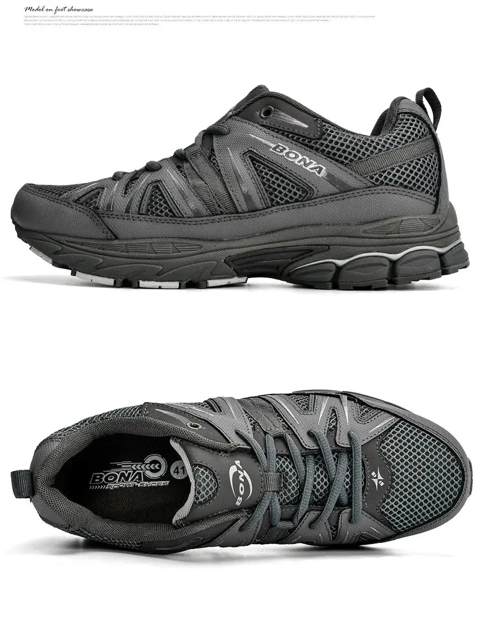 BONA men's running shoes with dark gray mesh upper and rugged sole