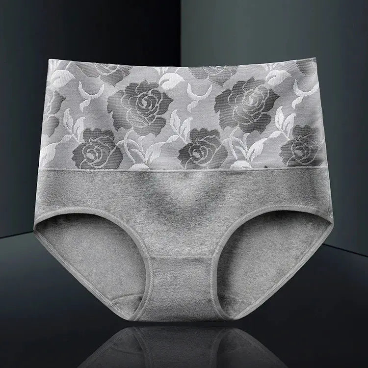 Women's high-waist cotton panties in gray with floral pattern waistband