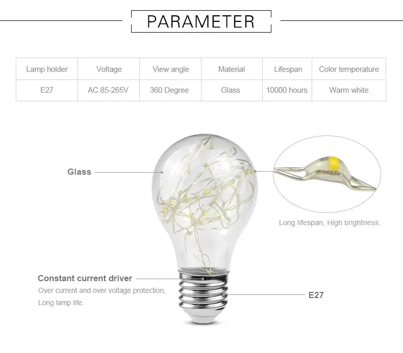 E27 glass decorative night light bulb with 3D star fireworks string lights for table or bedside decor, warm white