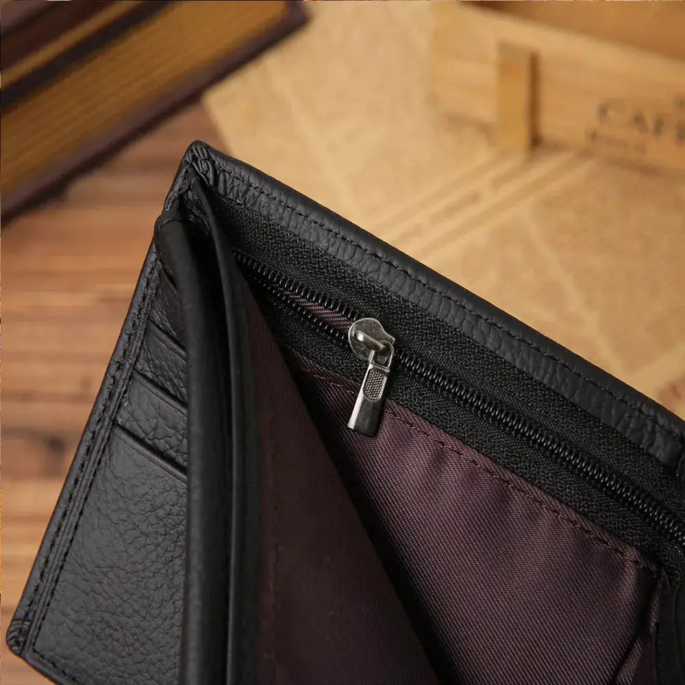 Black genuine leather men's wallet with zip coin pocket and burgundy inner lining