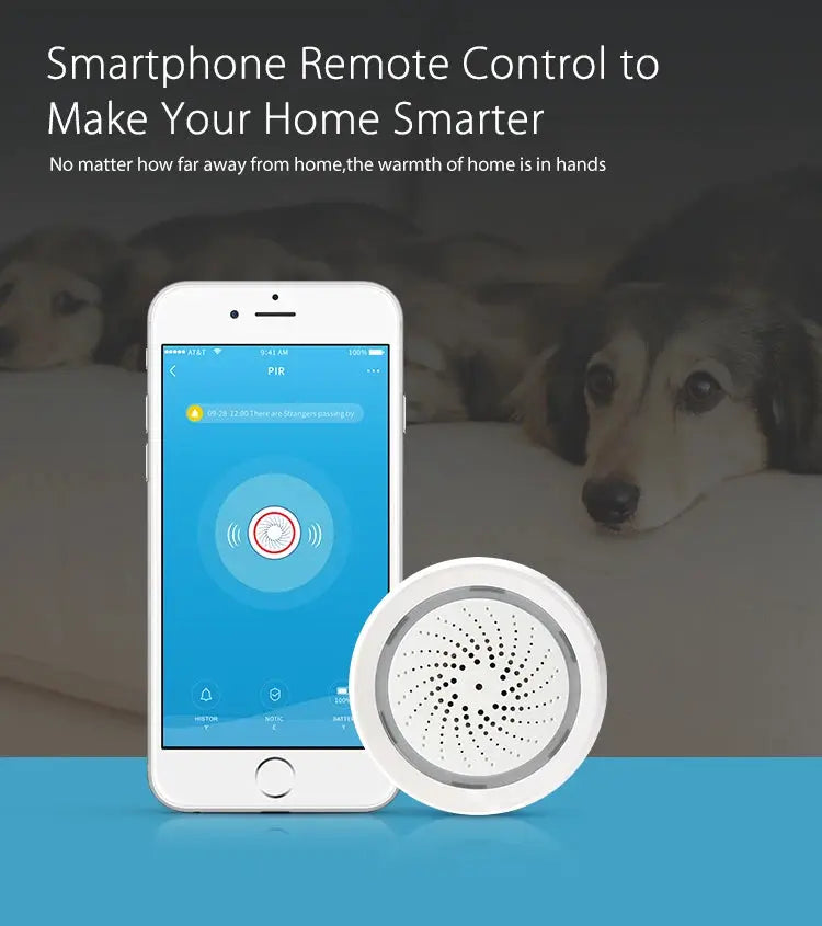 Smart Tuya Wifi Siren Alarm with Temp Humidity Sensor, Simples Market; two items: white circular siren beside smartphone