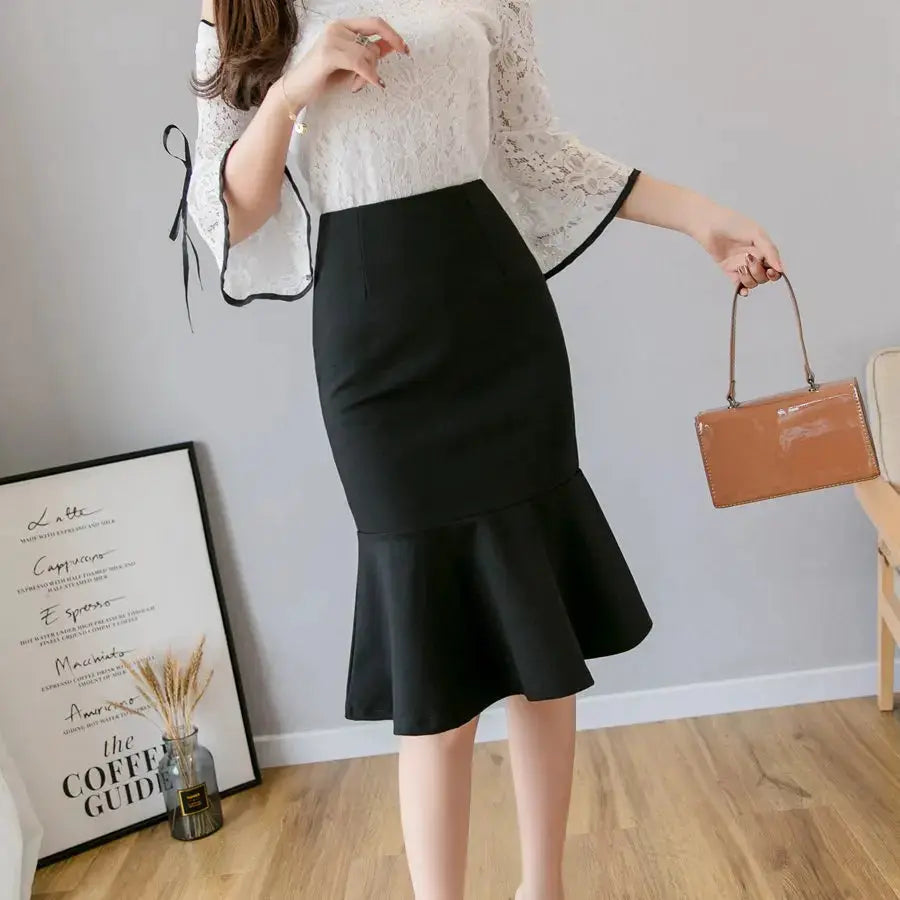 Women's black high-waist midi pencil skirt with ruffle flounce hem.