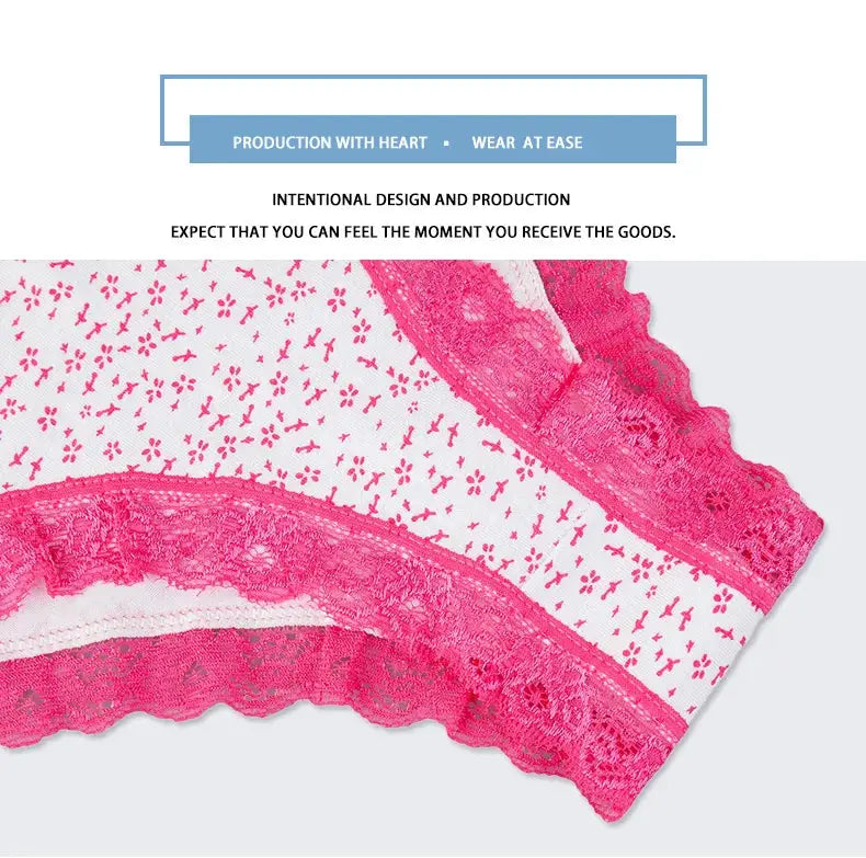 Pink lace-trimmed women's cotton panties with white panel
