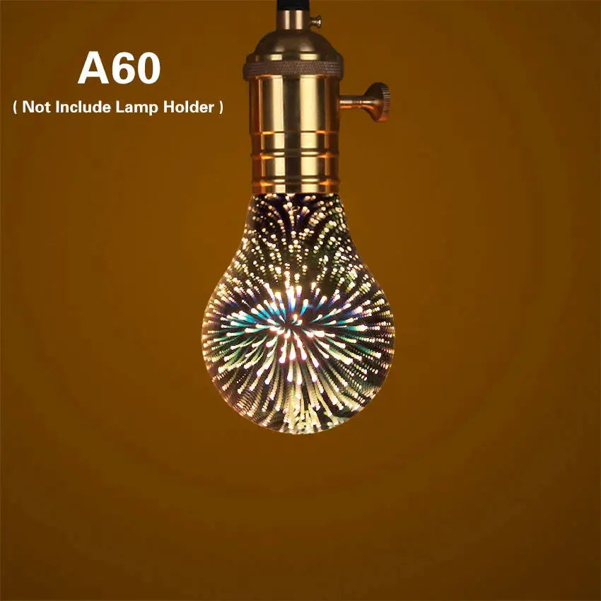 E27 decorative night-light bulb with colorful 3D fireworks starburst pattern in clear glass