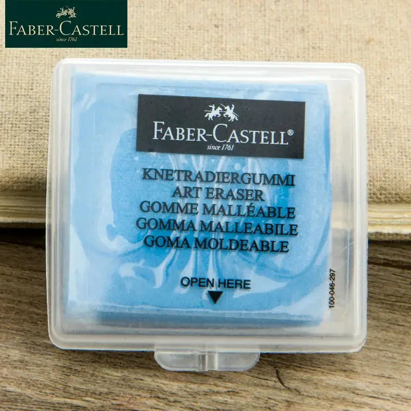 Faber-Castell Plasticity kneaded eraser in clear plastic case; blue eraser with logo.
