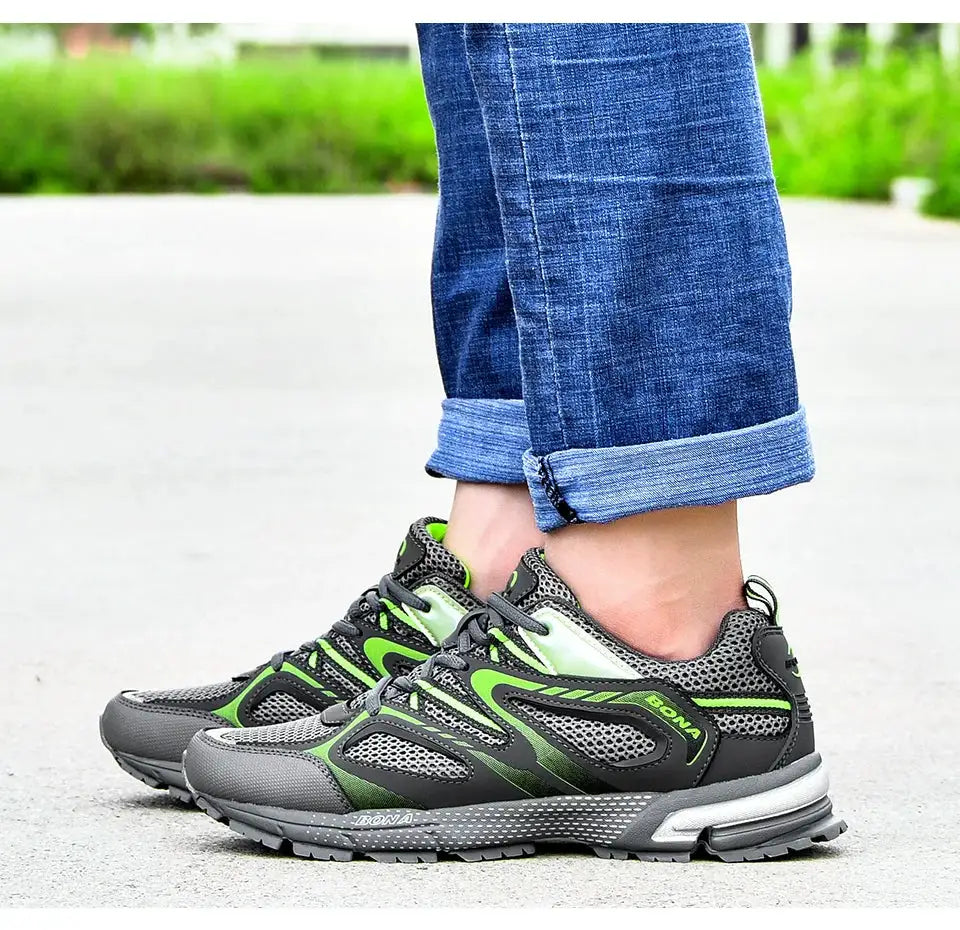 BONA men's running shoes, gray mesh with neon green accents, lace-up pair