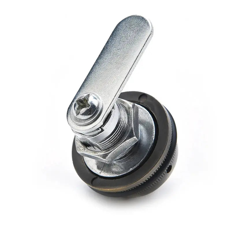 KAK cabinet cam lock, silver zinc alloy body with black mounting ring for mailboxes and cabinets