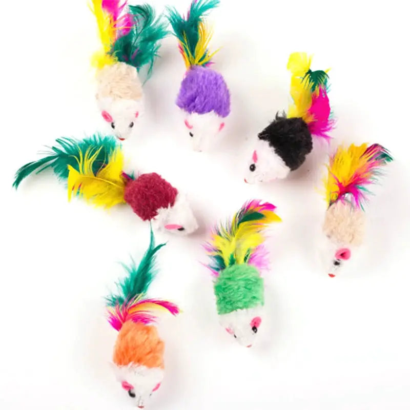Mini fleece mouse cat toys with colorful feather tails; multicolor plush mice for cats.