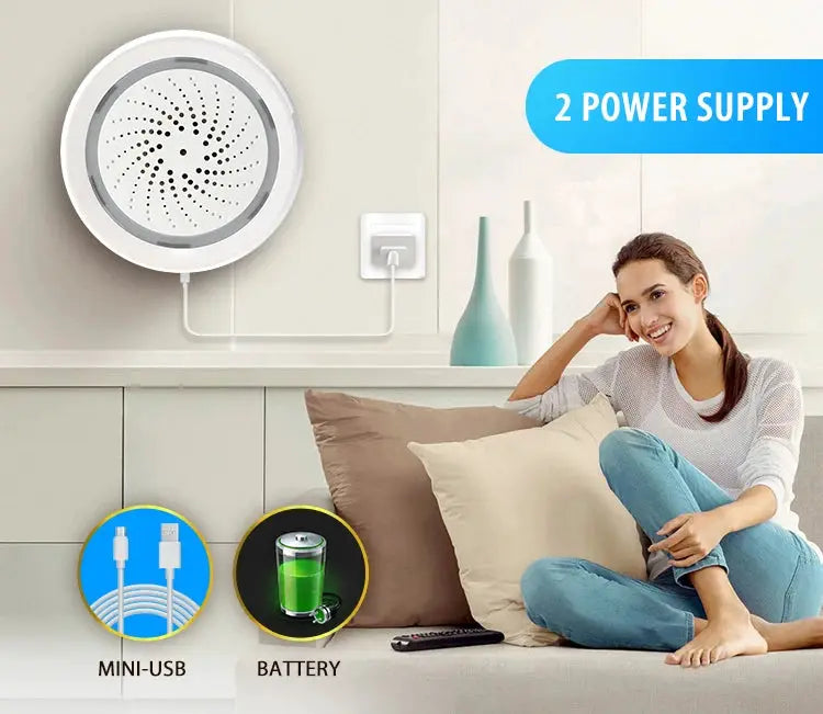 Smart Tuya wifi siren alarm with temperature humidity sensor by Simples Market, white circular wall-mounted unit