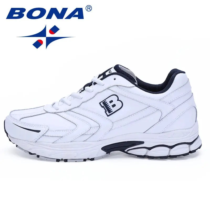 BONA white men's running shoe, lace-up athletic sneaker with black sole accents