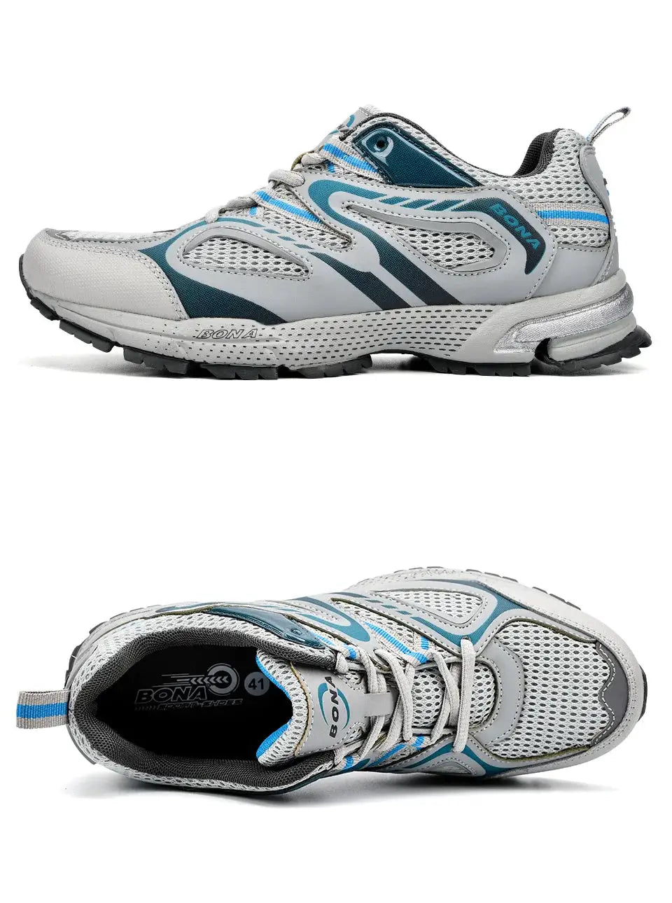 BONA men's running shoes, gray mesh with blue accents, lace-up outdoor joggers