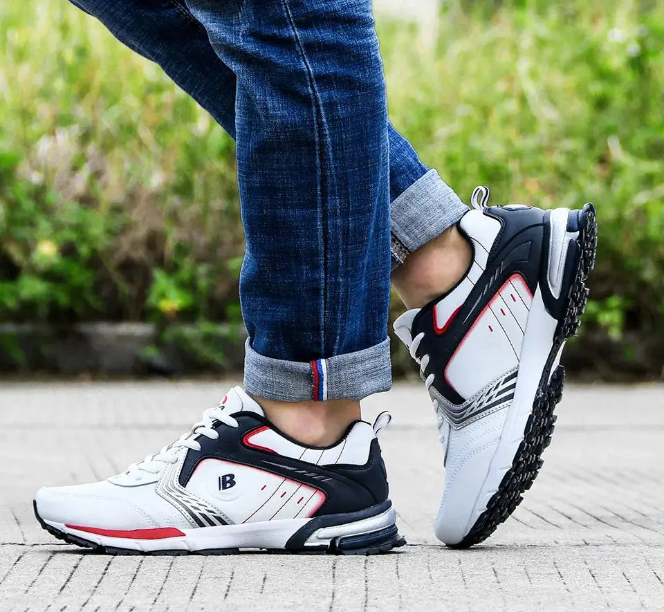BONA men's running shoes in white with black and red accents, breathable lace-up sneakers