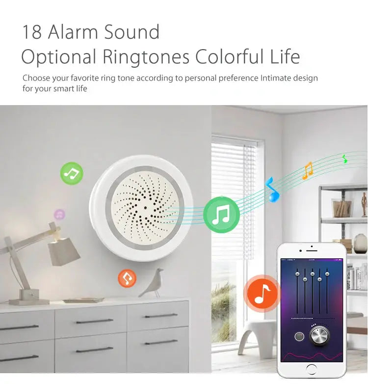 Simples Market Smart Tuya WiFi siren alarm with temperature and humidity sensor, white circular speaker and mobile app.