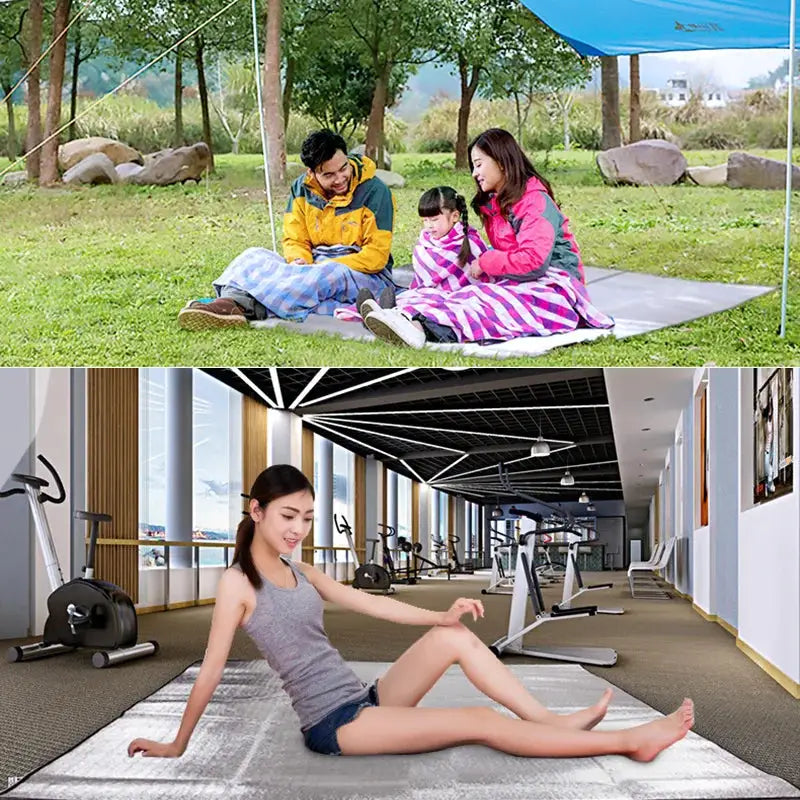 Camping mat by Simples Market with aluminum insulation; reflective silver foam pad for outdoor camping and gym use