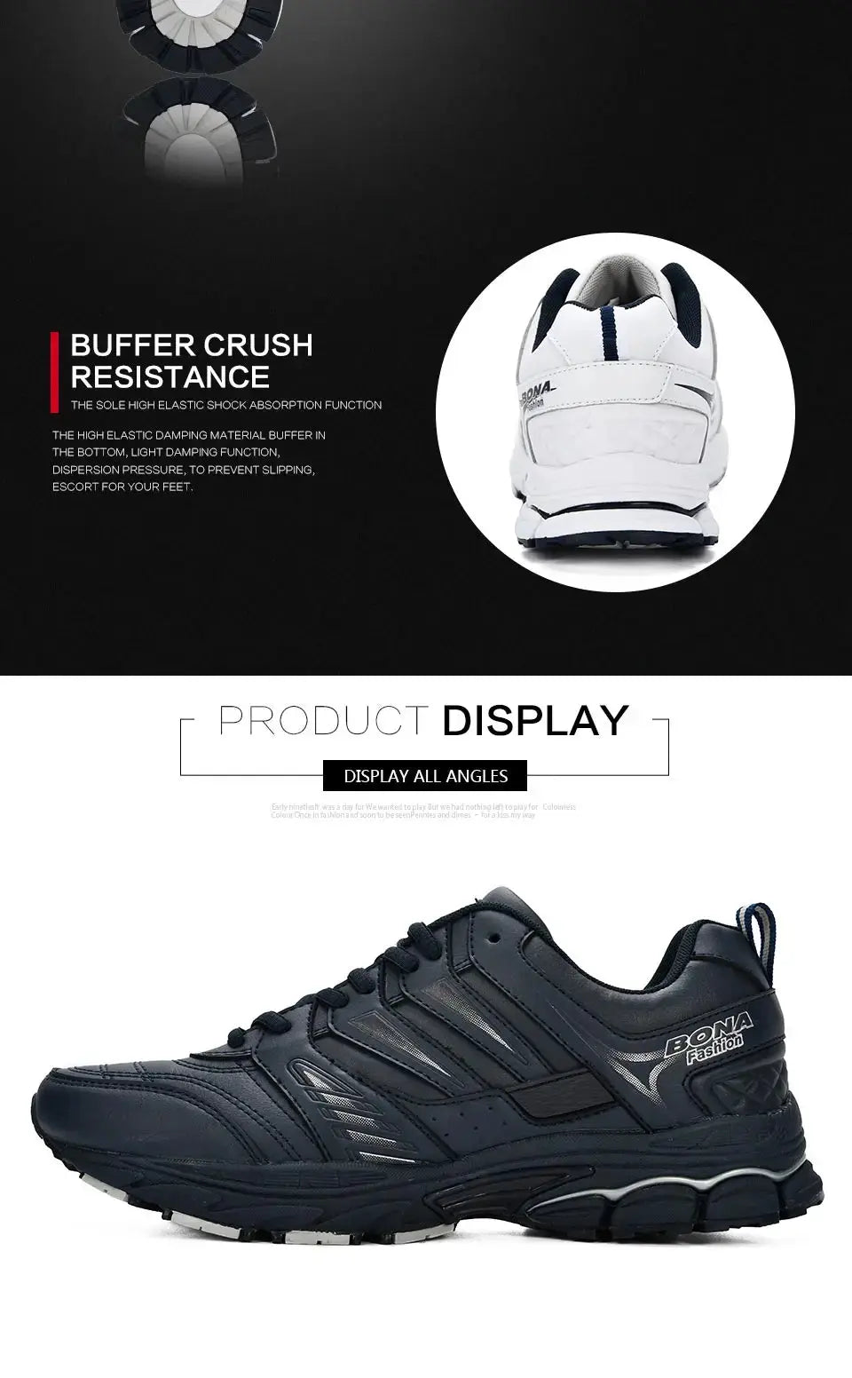 BONA men's black running shoes, breathable outdoor sneakers