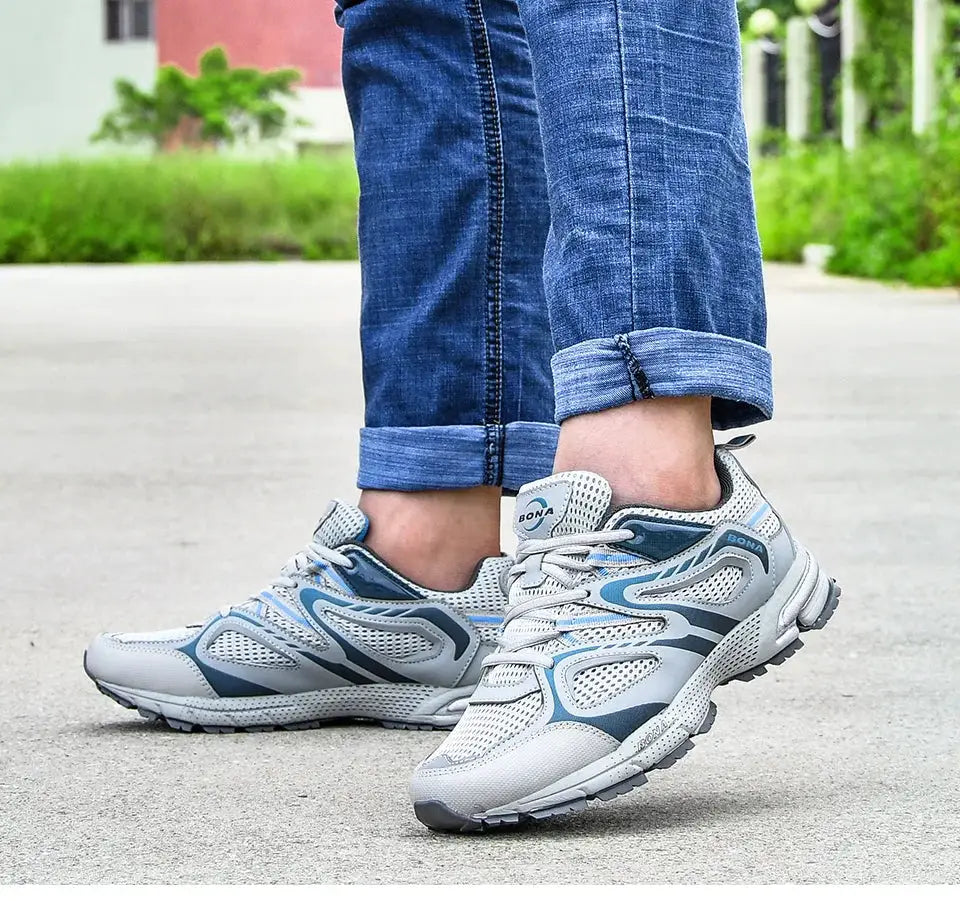 BONA men's running shoes in gray-blue mesh with lace-up design