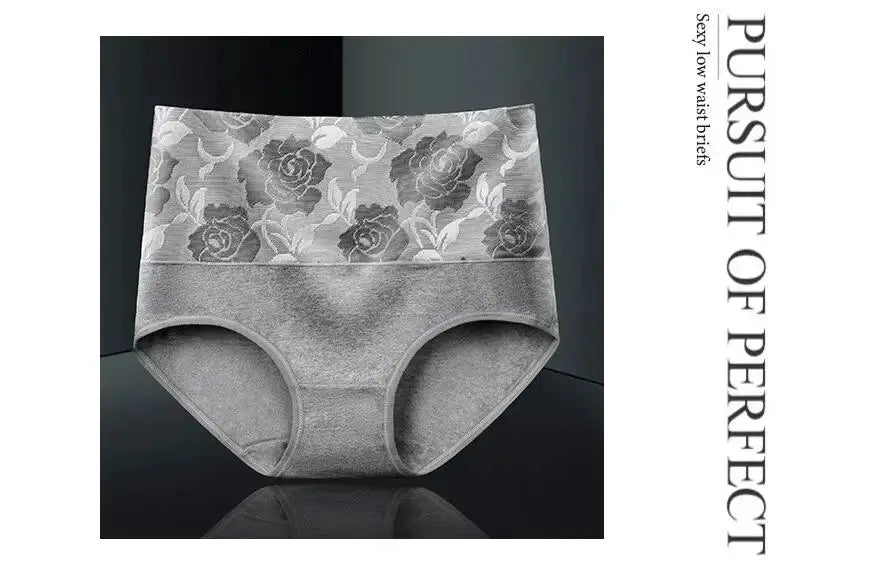 3-pack gray high-waist cotton panties with floral lace waistband, seamless plus-size briefs.