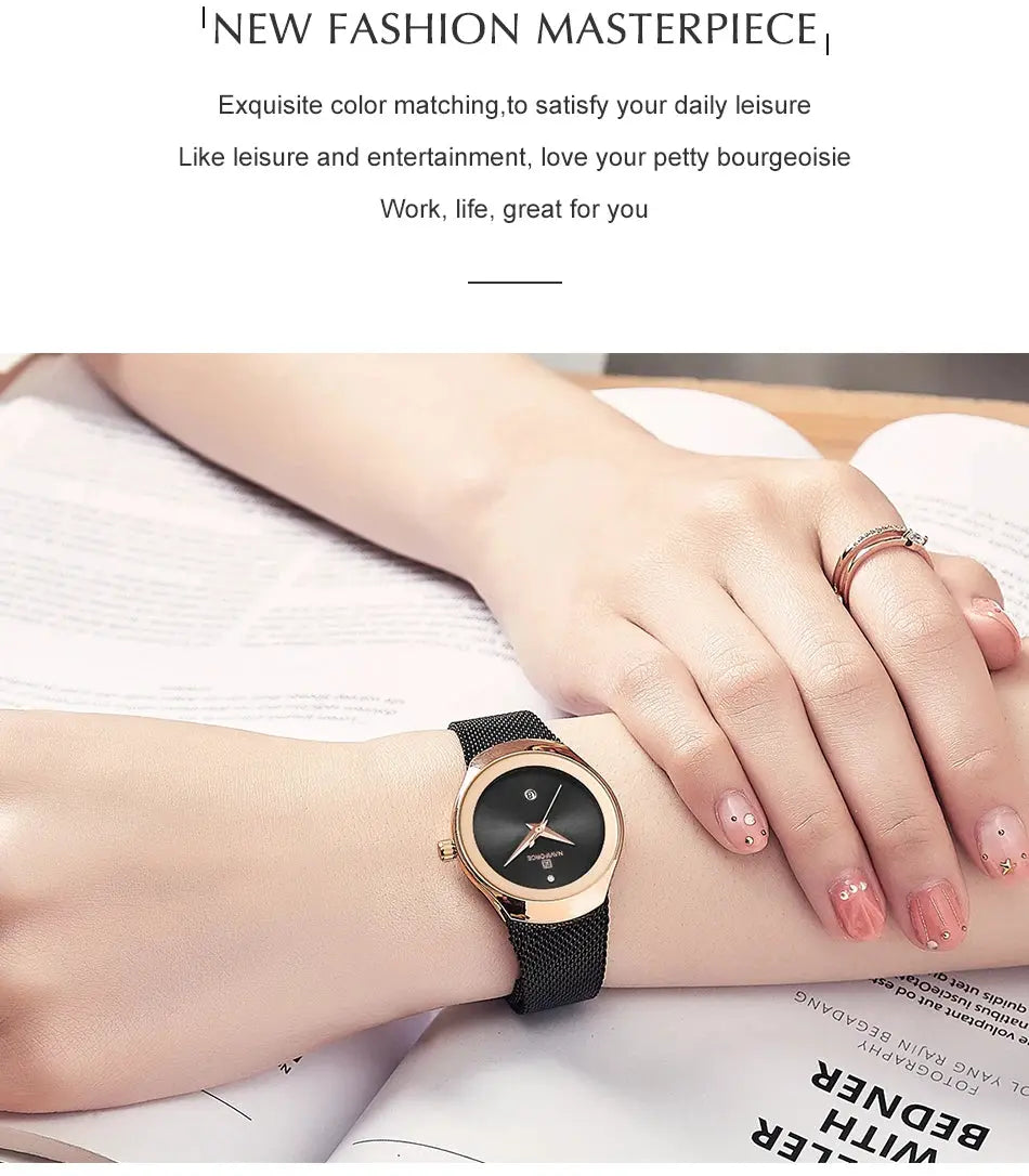 Naviforce women's fashion quartz watch with black dial, rose-gold bezel, and mesh strap
