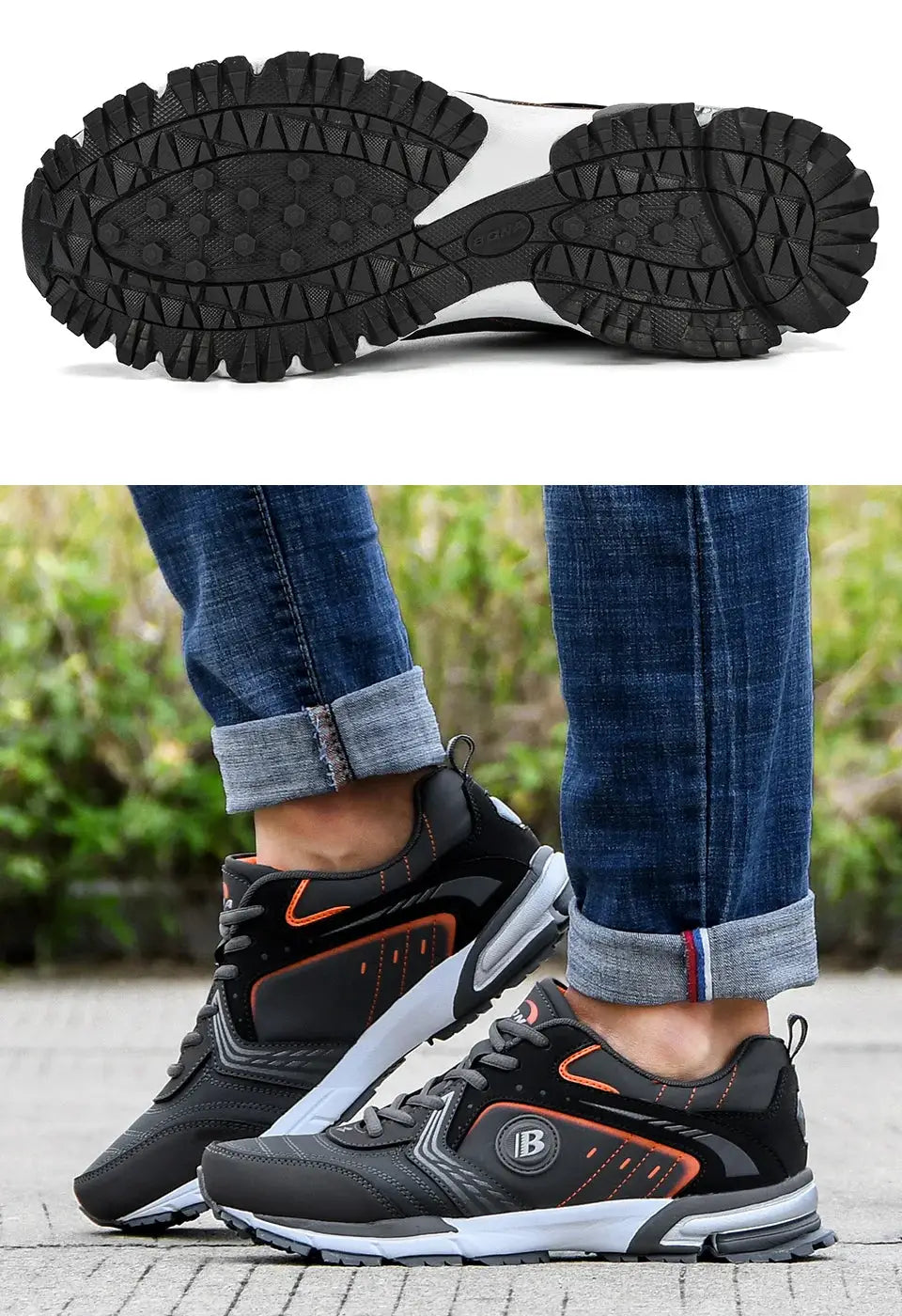 BONA Running Shoes for Men, black with orange accents, breathable lace-up athletic sneakers by Simples Market.