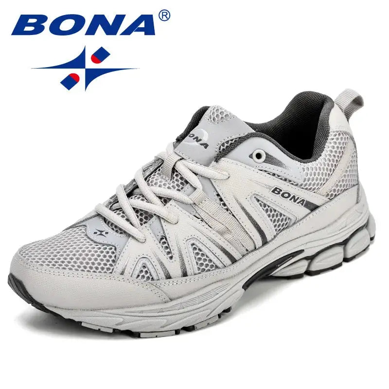 BONA men's running shoes in white and gray mesh with lace-up design and chunky sole