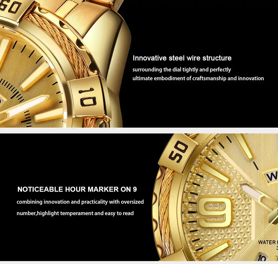 NAVIFORCE luxury men's wristwatch with gold-tone stainless steel band and oversized 9 marker