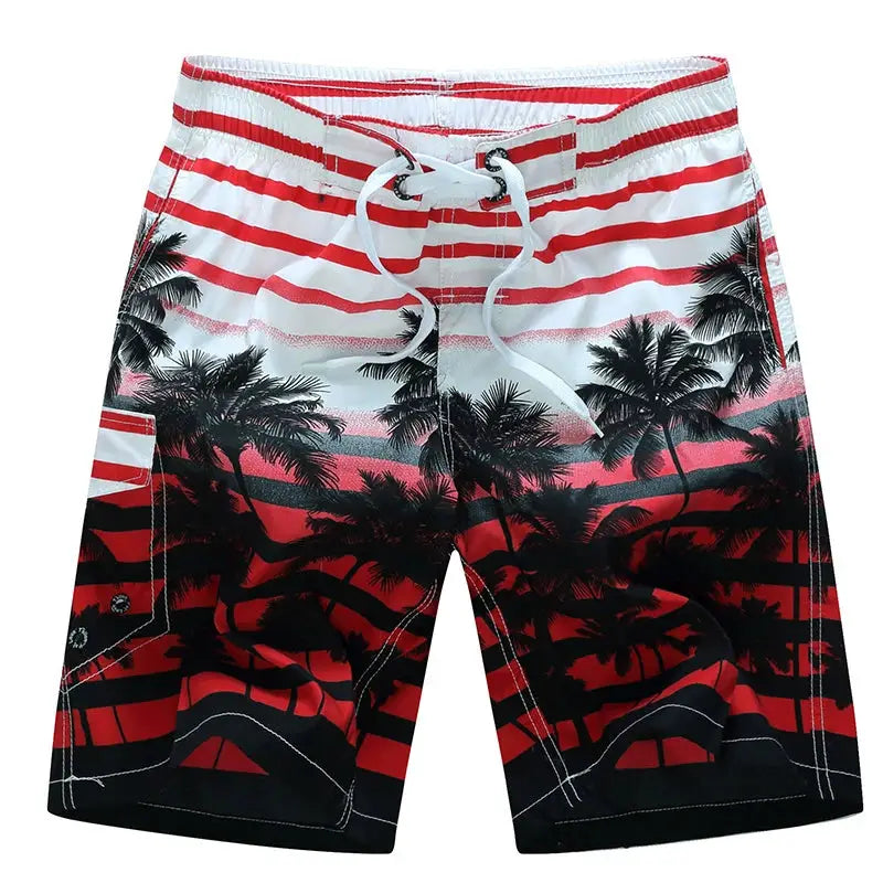 Men's surf board shorts with red and white stripes and black palm tree print, white drawstring