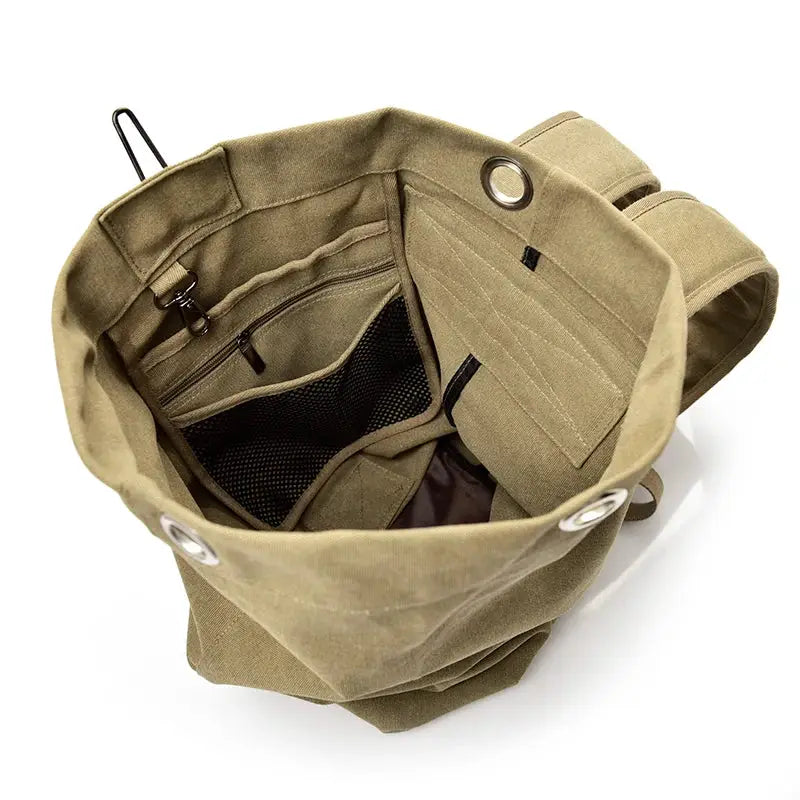 Men's travel backpack canvas bucket bag in tan, Simples Market, large-capacity with interior pockets
