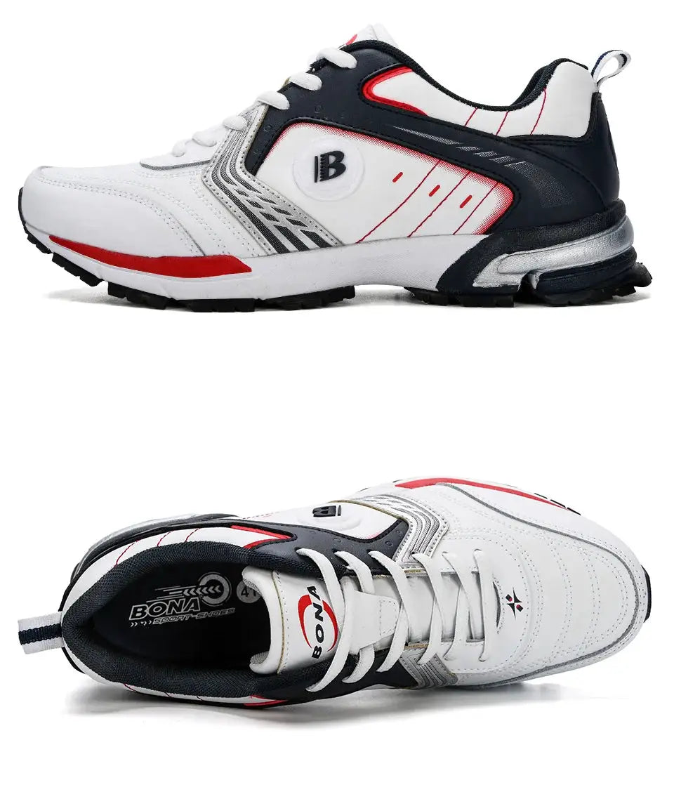 BONA running shoes for men, white with black and red accents, breathable lace-up sneakers.