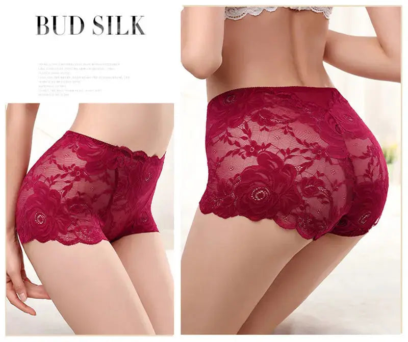 Lace high-waist panties for women in burgundy with floral pattern; plus-size underwear