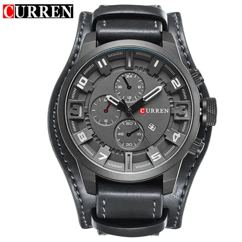 Curren men's luxury watch with black leather strap, grey dial, subdials and date window
