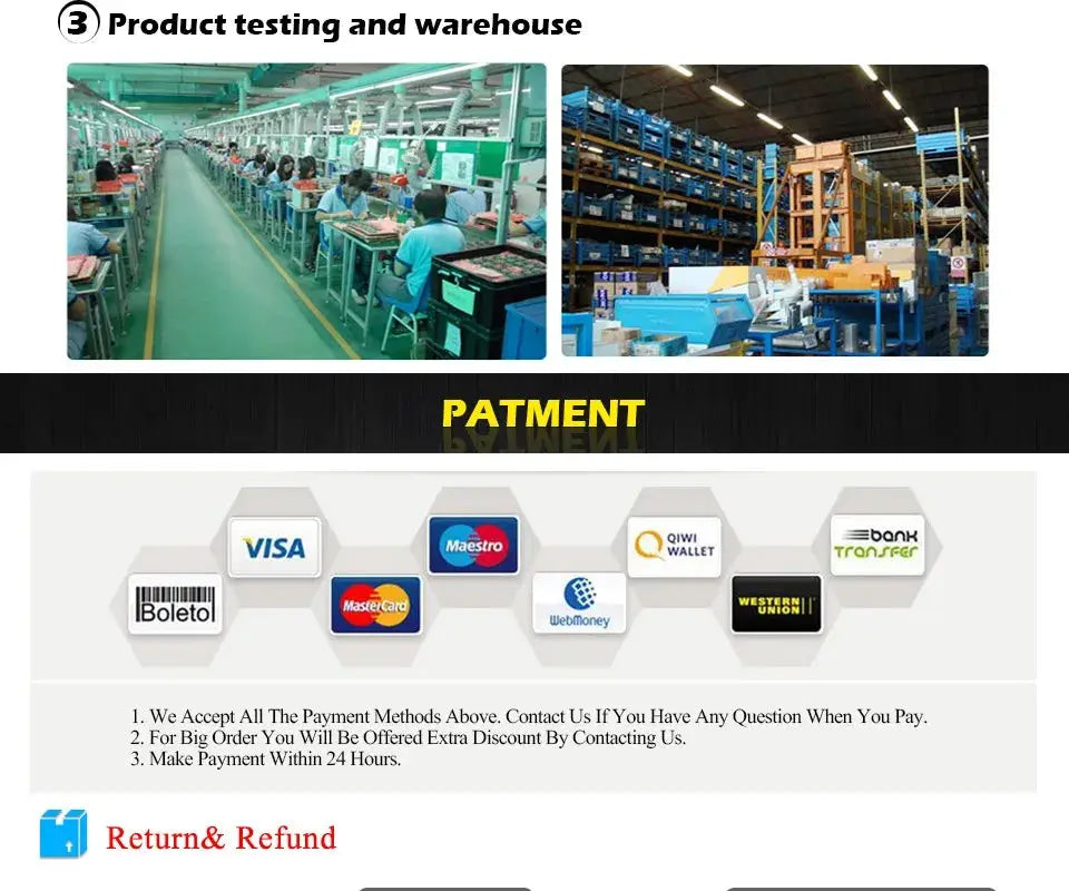 Ingo Maurer chandelier replica designer collage showing factory line, warehouse storage, and payment logos