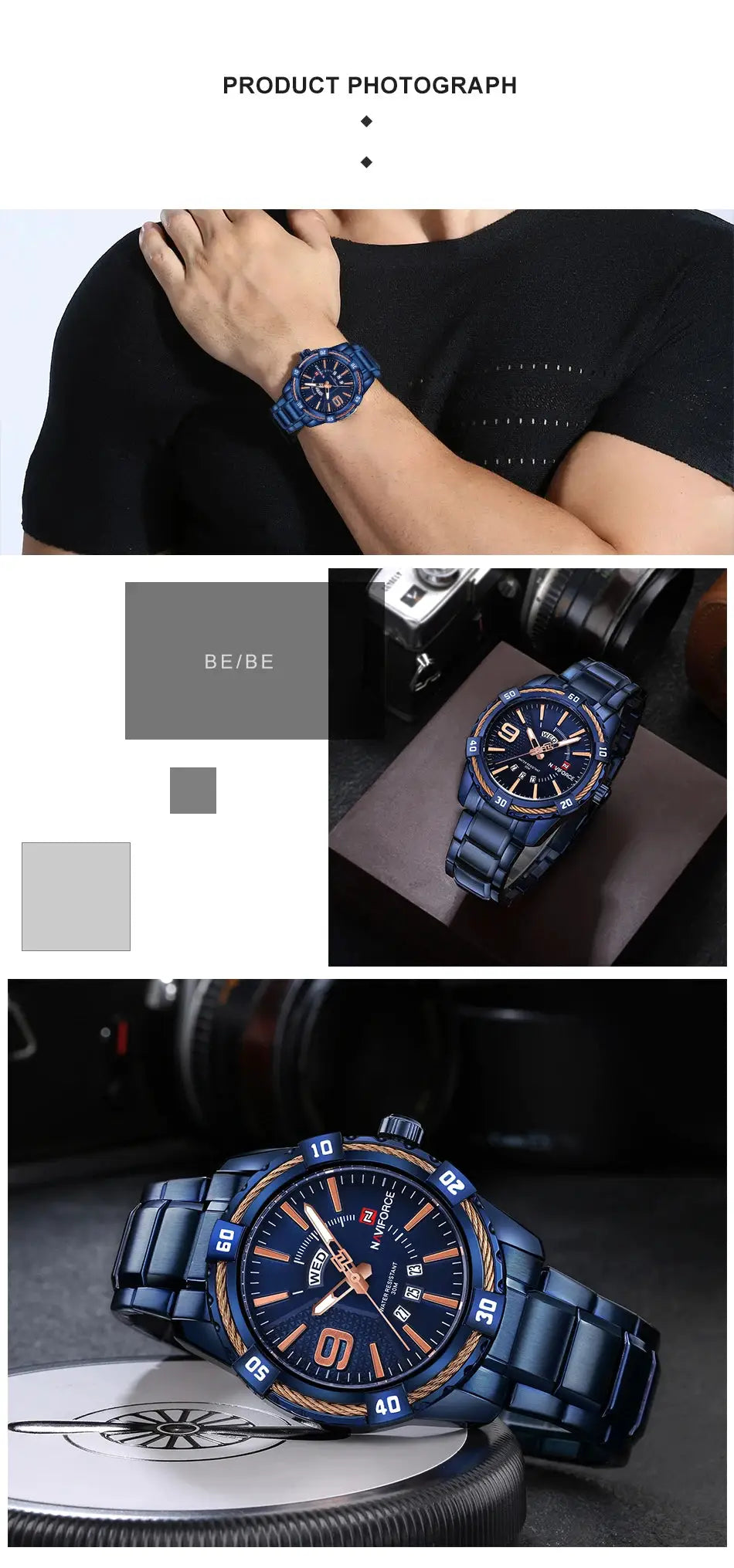 NAVIFORCE men's wristwatch with blue stainless-steel band and gold-tone dial accents, waterproof quartz.