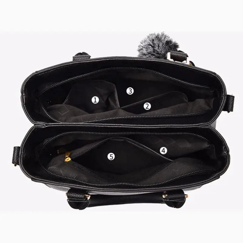 NovaLuxe PU Leather Messenger Bag For Women With Fur Ball Accent And Secure Zipper Closure