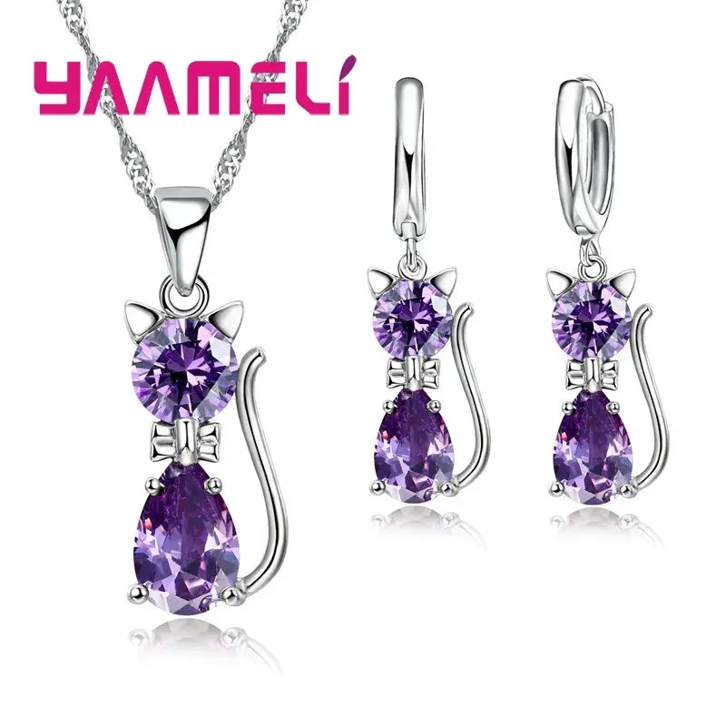 Real 925 Sterling Silver Cat Pendant Necklace And Huggie Earrings With Austrian Crystal Jewelry Set For Women And Girls