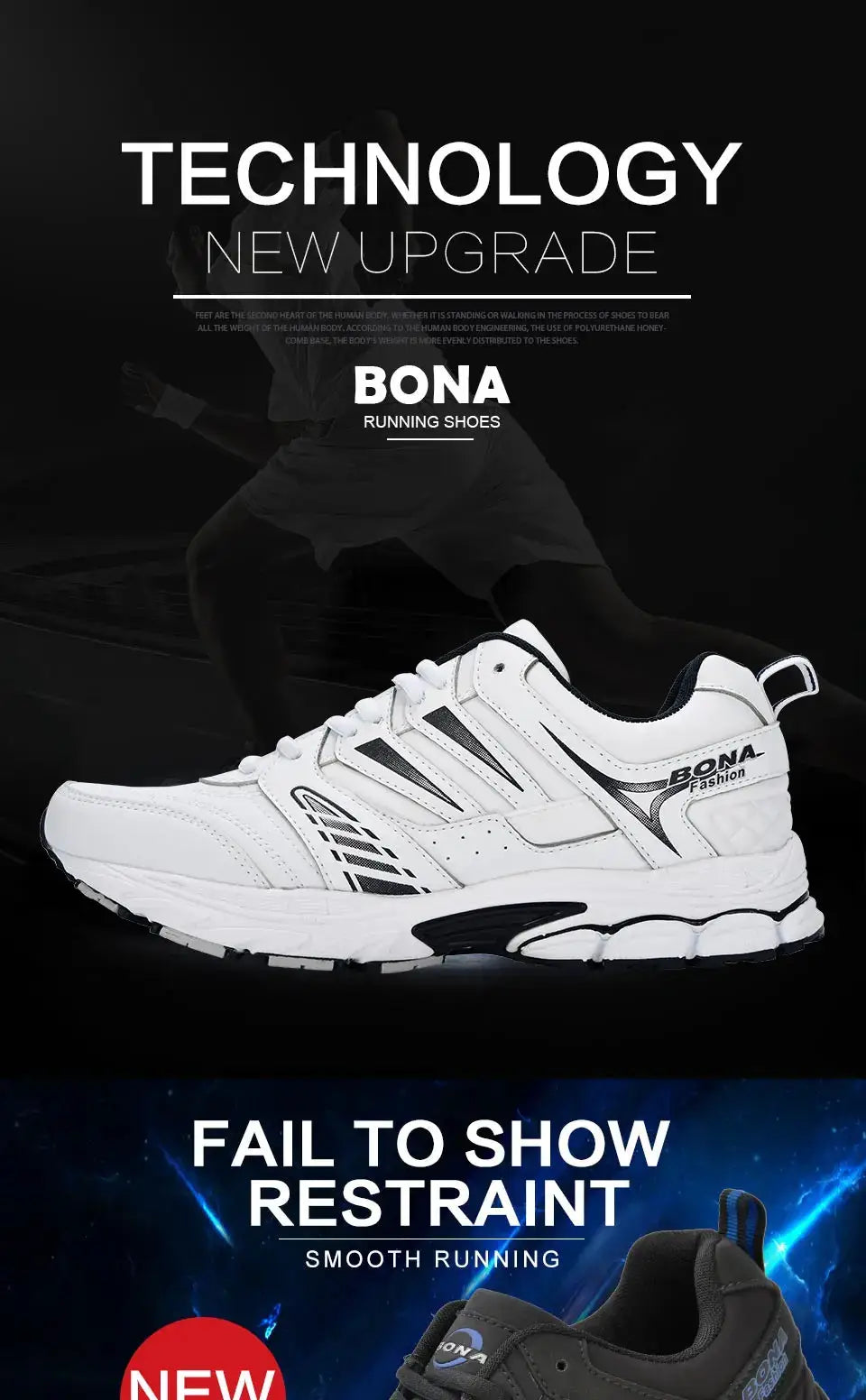 BONA men's running shoes, white with black accents, breathable outdoor sneakers