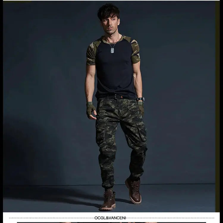 Men's camouflage cargo pants with multiple pockets, tactical jogger style in green camo.