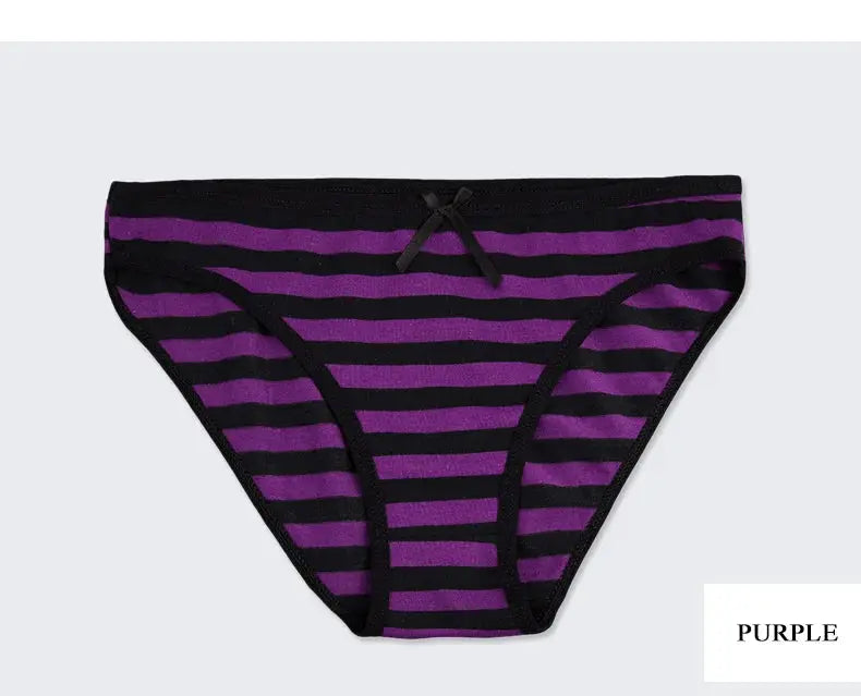 Women's purple and black striped cotton bikini panties with small front bow