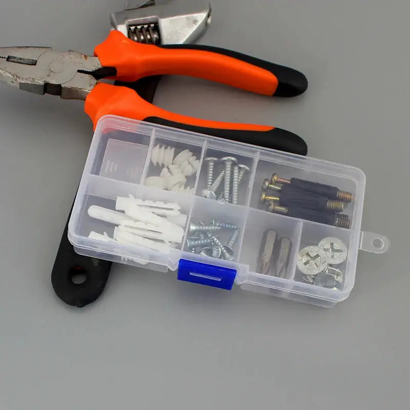 10-slot plastic organizer box with a clear case and blue latch for beads, screws and jewelry