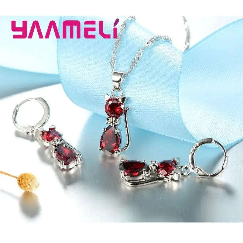 Real 925 Sterling Silver Cat Pendant Necklace And Huggie Earrings With Austrian Crystal Jewelry Set For Women And Girls