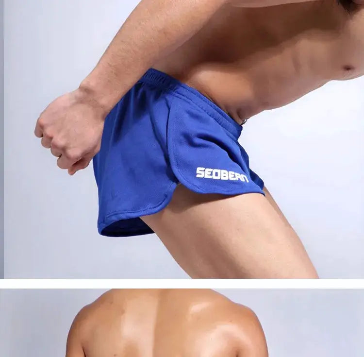 SEOBEAN men's blue running shorts with SEOBEAN logo on the leg