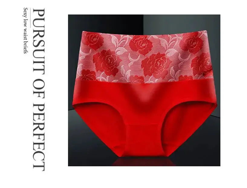 Women's red high-waist cotton panty with floral lace waistband, Simples Market.