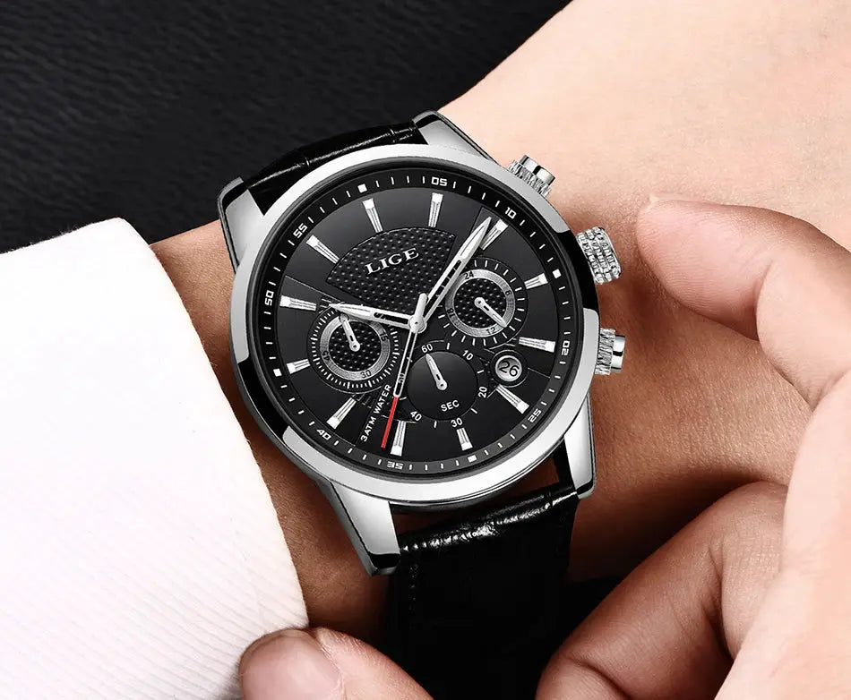 LIGE men's luxury chronograph watch with black dial, silver case, and black leather strap