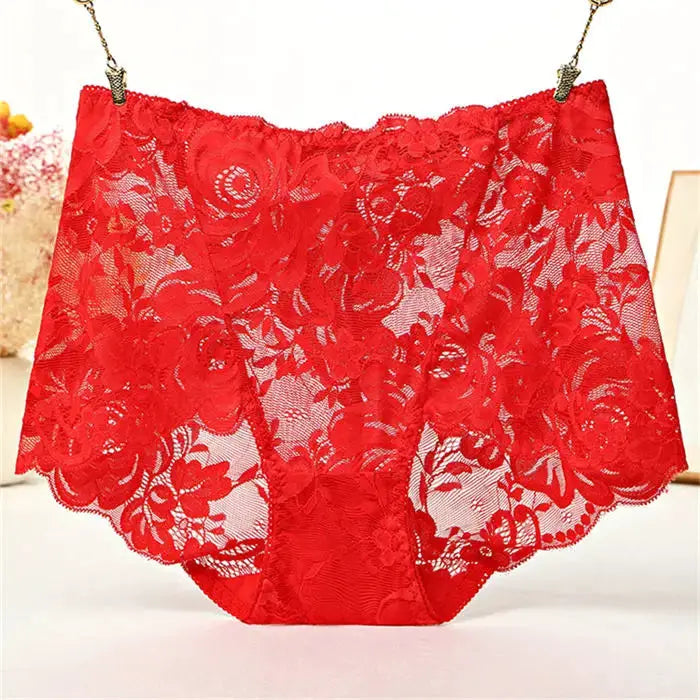 Red lace high-waist panties with floral pattern and sheer mesh fabric.
