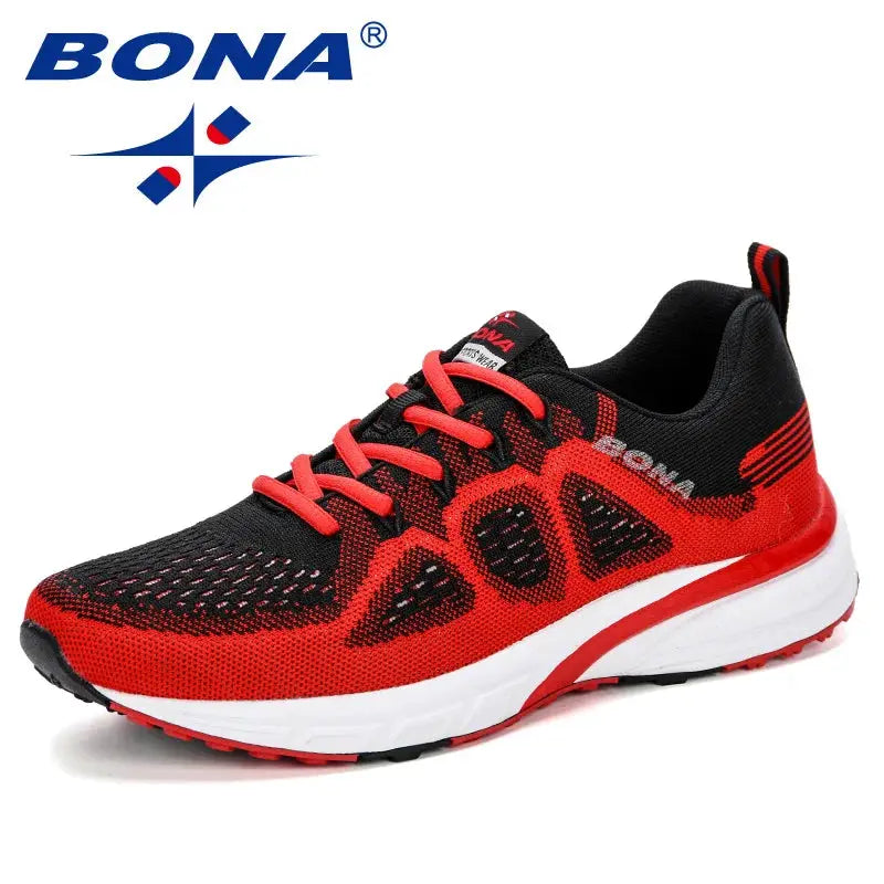 BONA men's running sneakers, black and red mesh with white midsole, lightweight outdoor athletic shoes