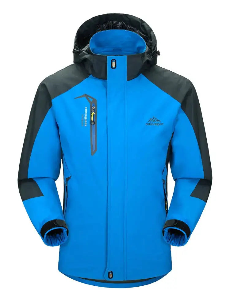 TRVLWEGO camping hiking jacket, blue/black, waterproof hooded windbreaker with chest zip pocket outdoorsport logo