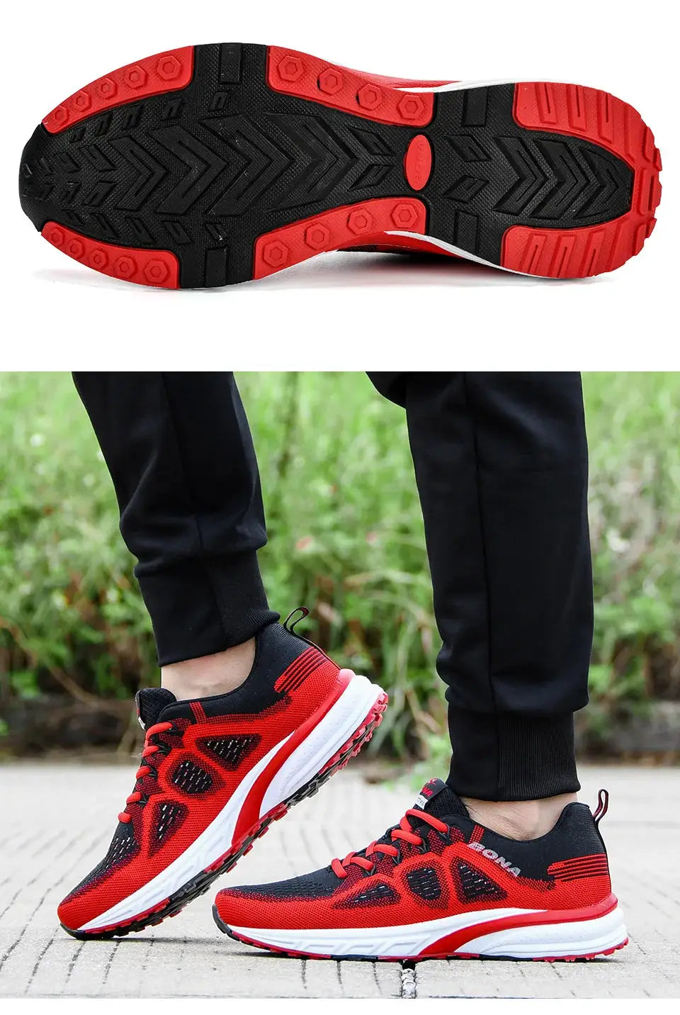 BONA men's running sneakers, red/black mesh, lightweight athletic shoes by Simples Market